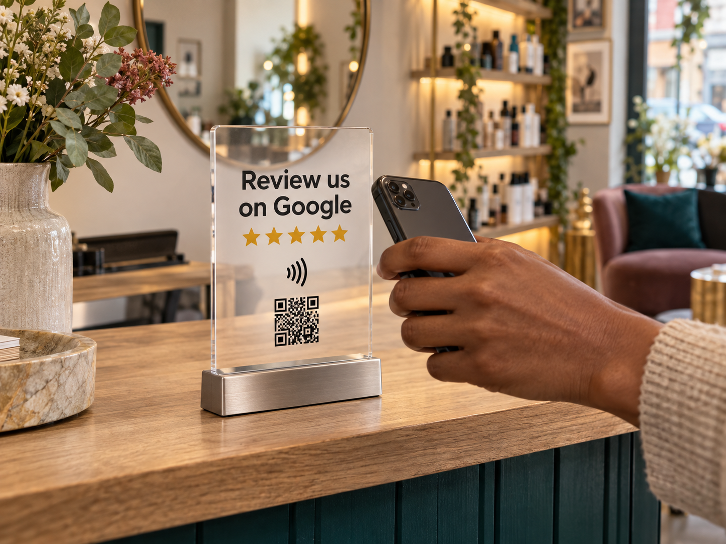 A customer tapping a TapLocal review plaque at an independent Oxfordshire business